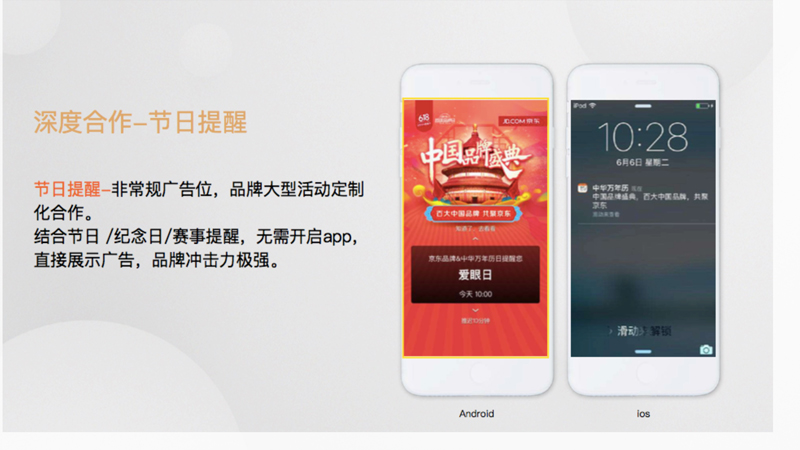 深度合作-节日提醒：非常规广告位，品牌大型活动定制化合作。结合节日/纪念日/赛事提醒，无需开启APP，直接展示广告，品牌冲击力极强！